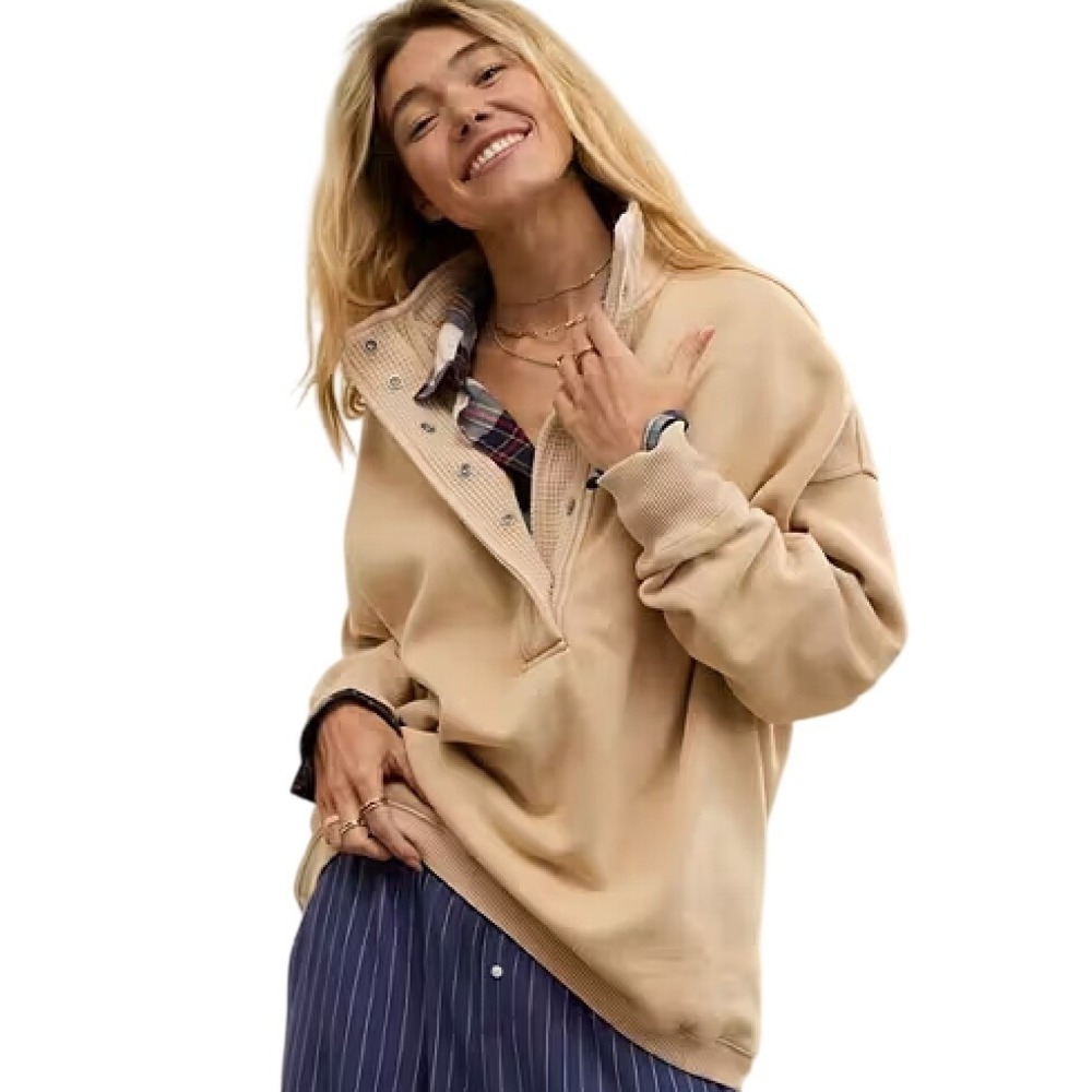 Aerie Oh Snap Sweatshirt Tan Sand Snap Front Pullover XS NWT